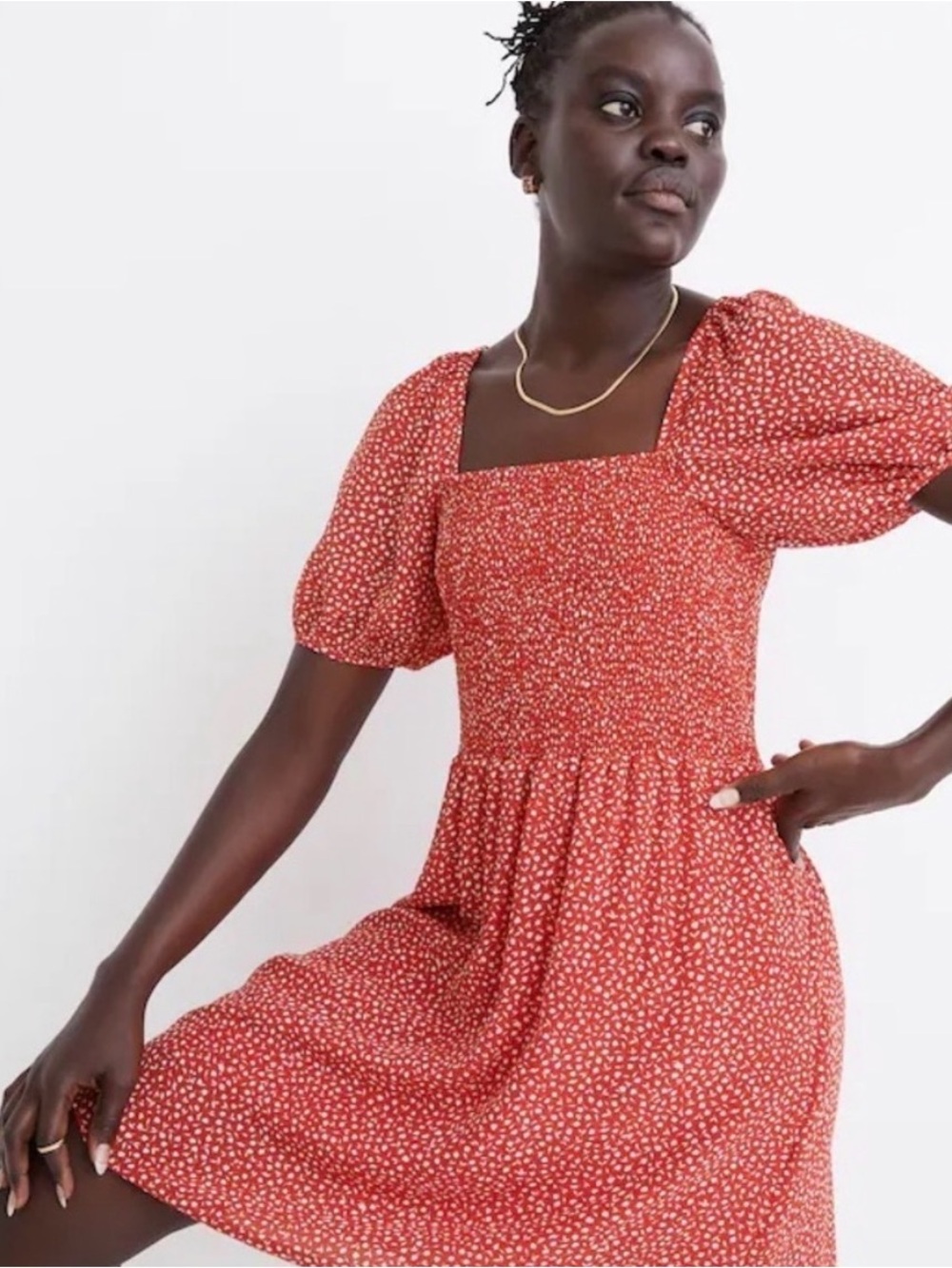 Madewell Red Floral Print Square-Neck Mini Dress 100% Silk With Pockets
